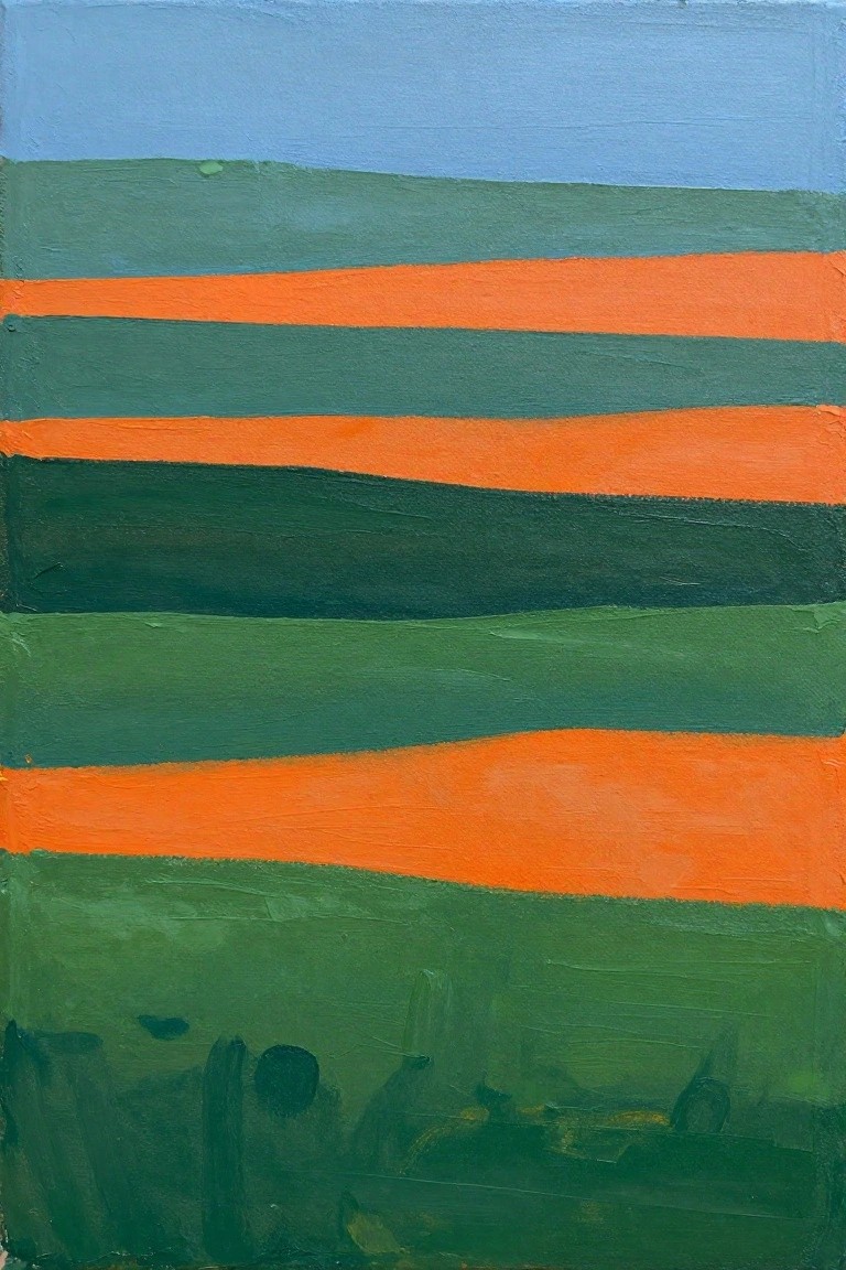 Abstract painting of horizontal stripes in blue, green, and bright orange hues