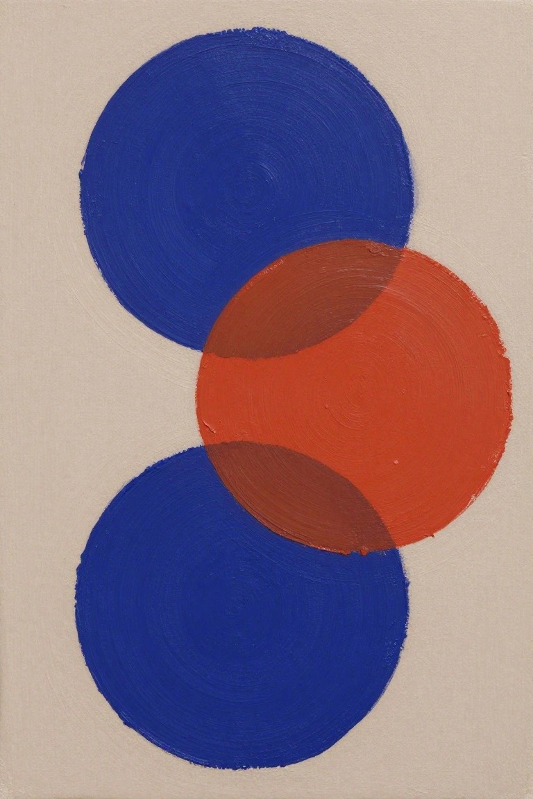 Abstract painting of two blue circles overlapped by an orange-red circle.
