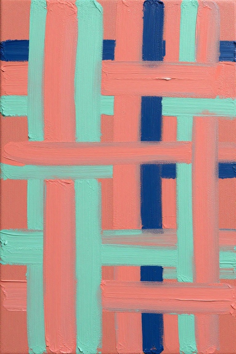 Abstract painting with woven coral, mint green, and navy blue brushstrokes.