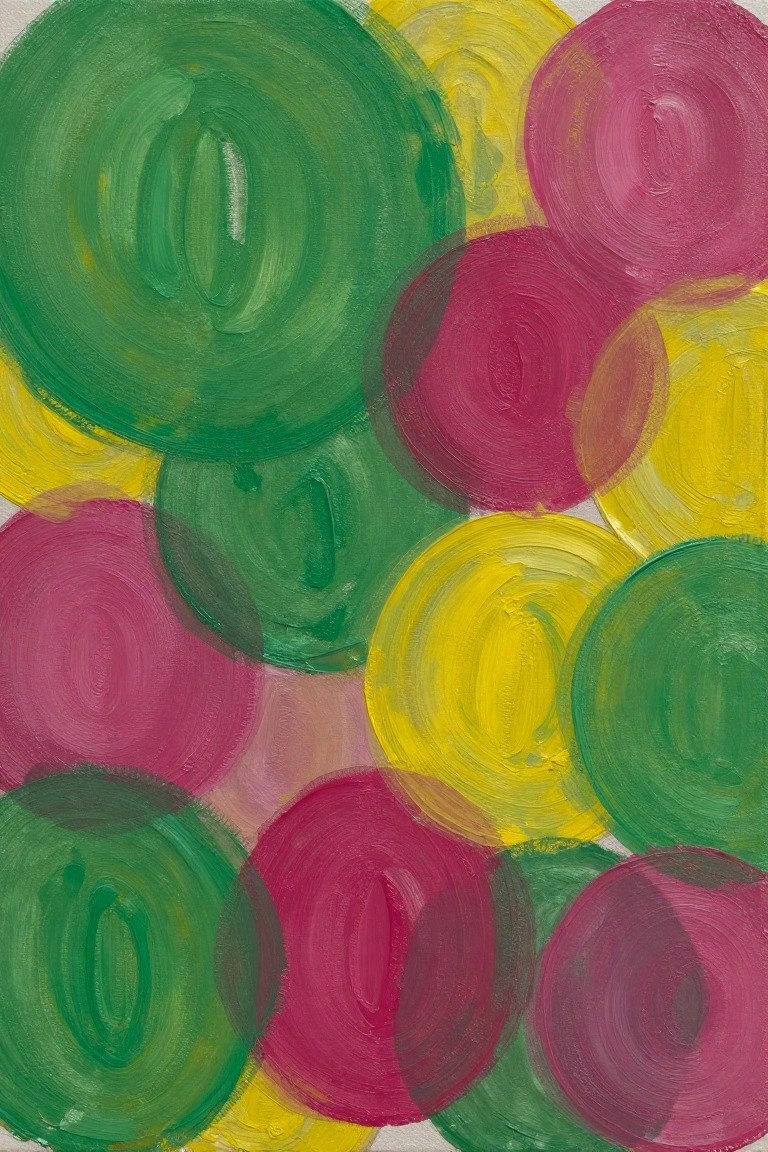 Abstract painting of overlapping circles in green, yellow, and magenta hues