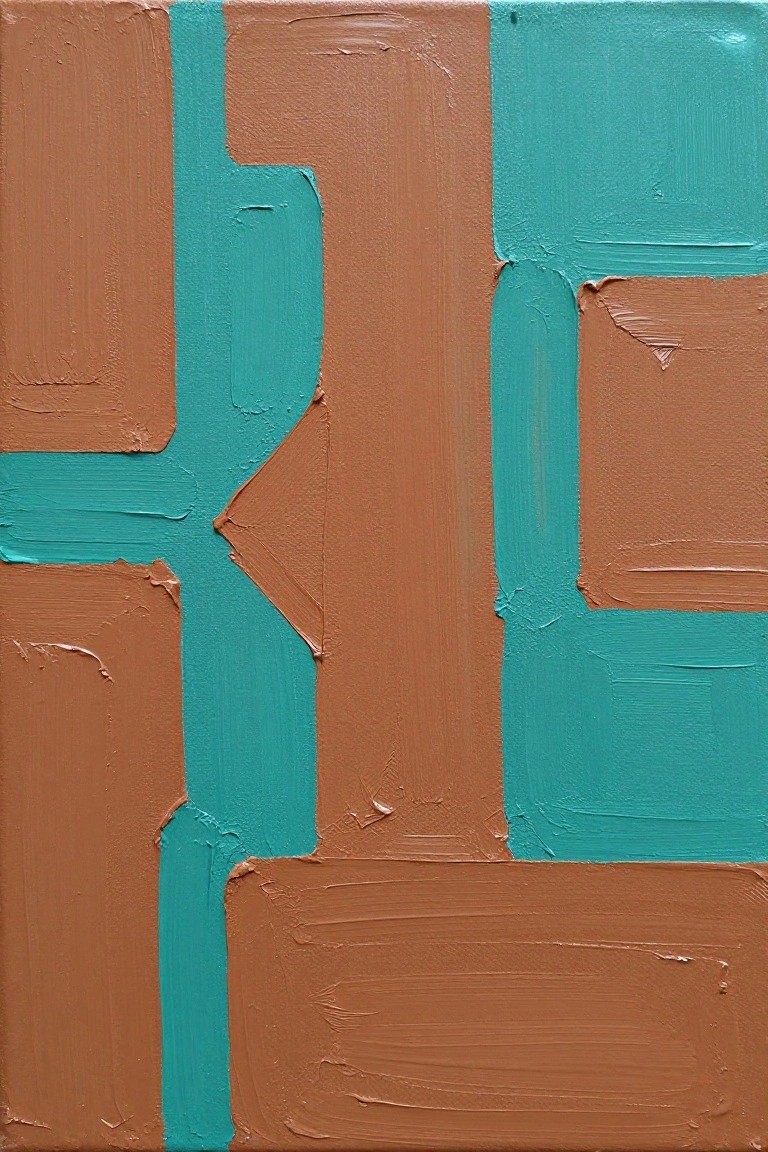 Abstract painting of brown and teal geometric shapes with thick brushstrokes