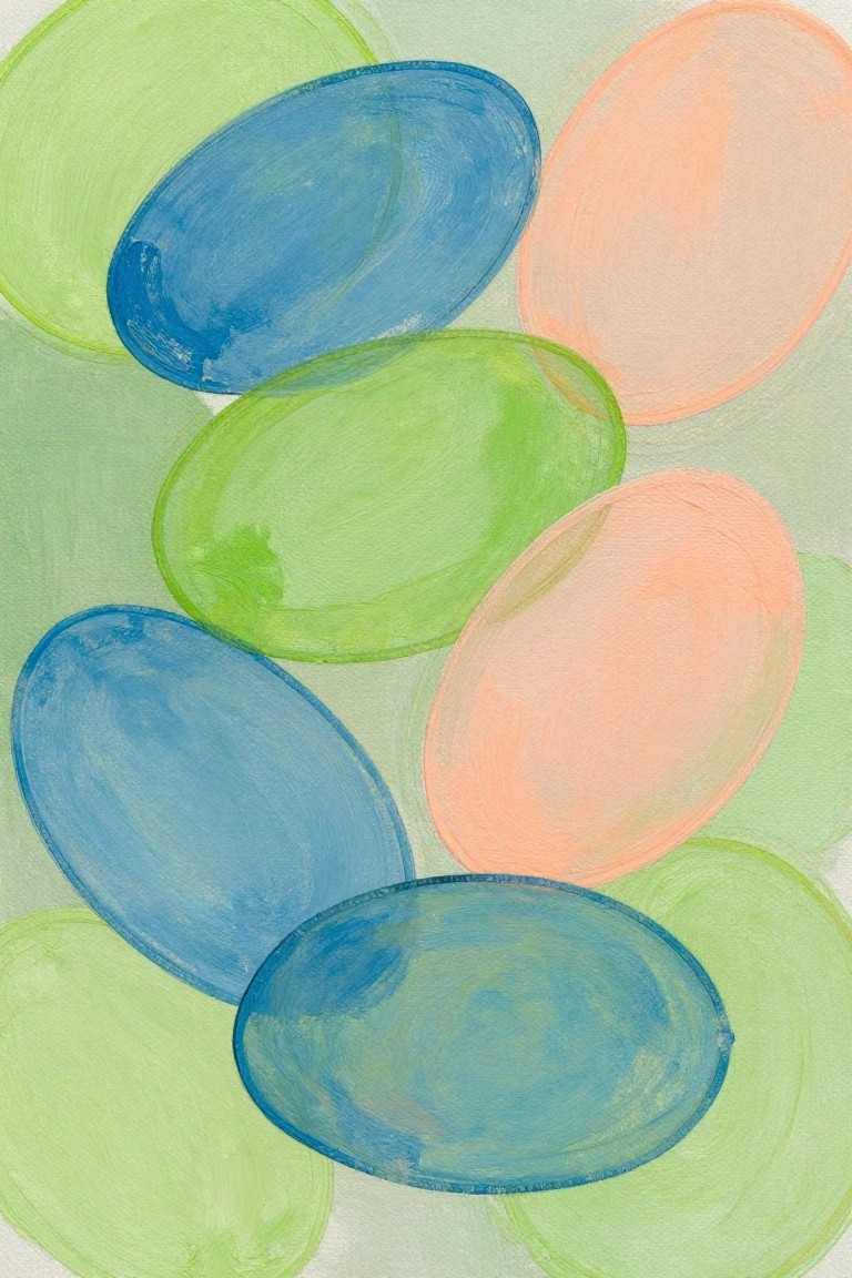 Abstract painting of overlapping blue, green, and peach ovals with soft brushstrokes.