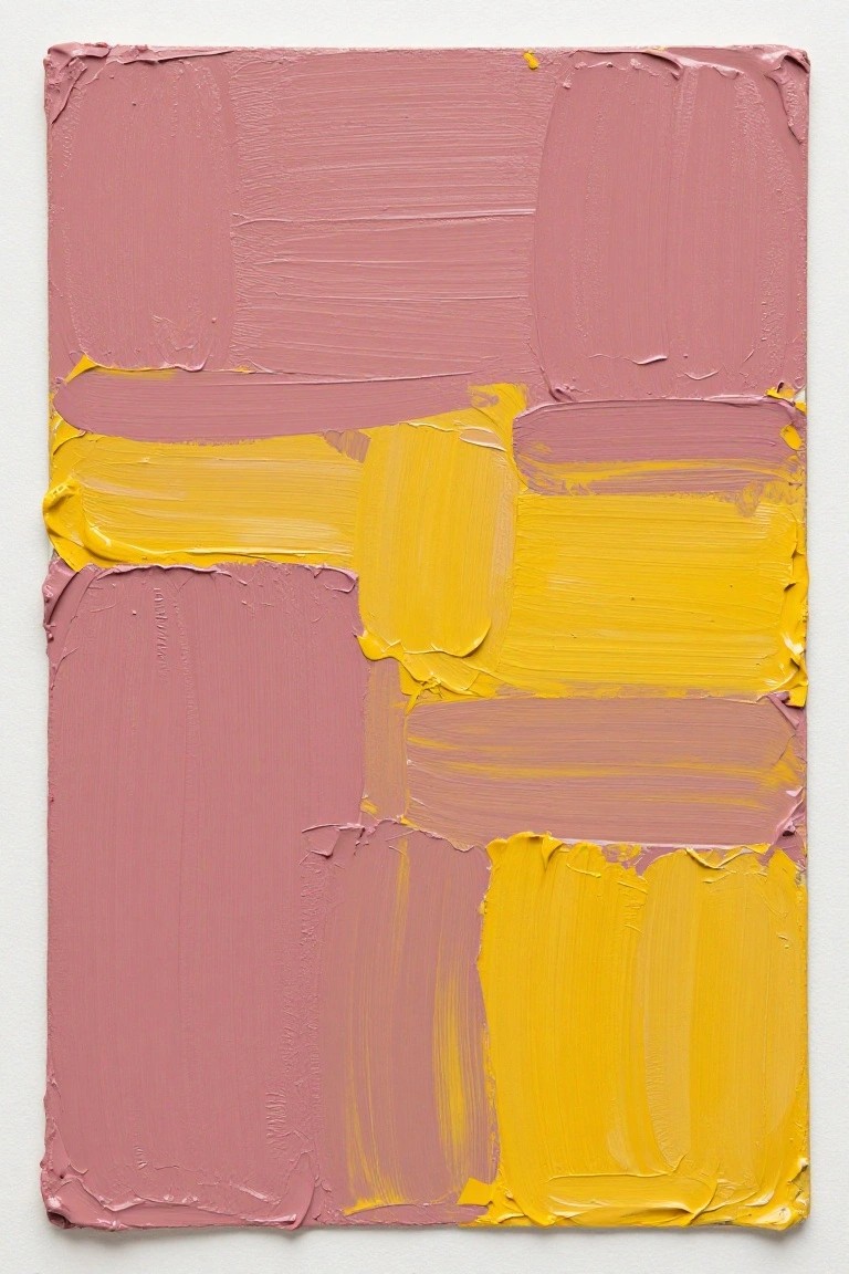 Abstract painting with thick overlapping pink and yellow brushstrokes in impasto style