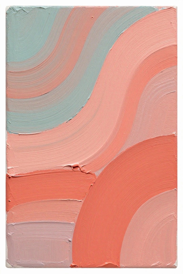 Abstract painting with thick, wavy brushstrokes in coral, pink, and teal.