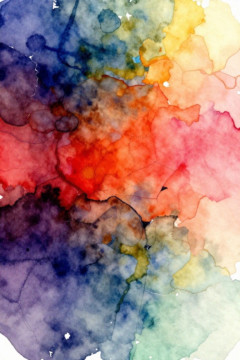 Abstract painting with overlapping washes of blue, purple, red, orange, yellow, and green colors separated by white spaces.