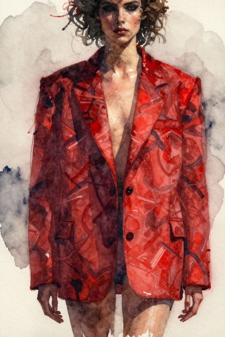 Watercolor painting of a person with curly hair wearing an open red blazer covered in abstract red and dark brushstrokes.