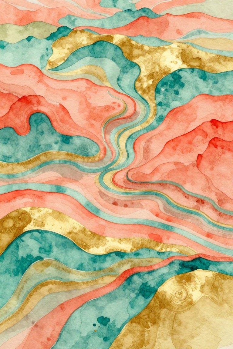 Abstract watercolor with swirling waves of coral red, teal, and gold hues