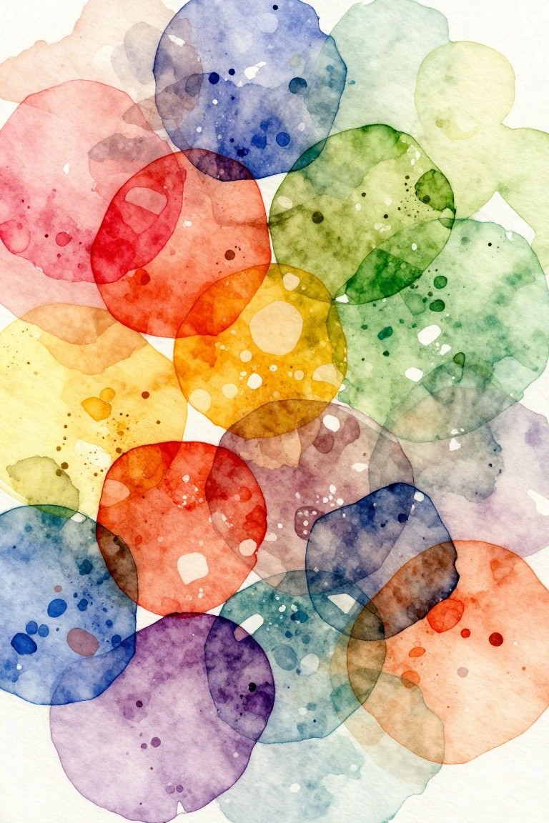 Overlapping translucent watercolor circles in vibrant rainbow colors with splatters