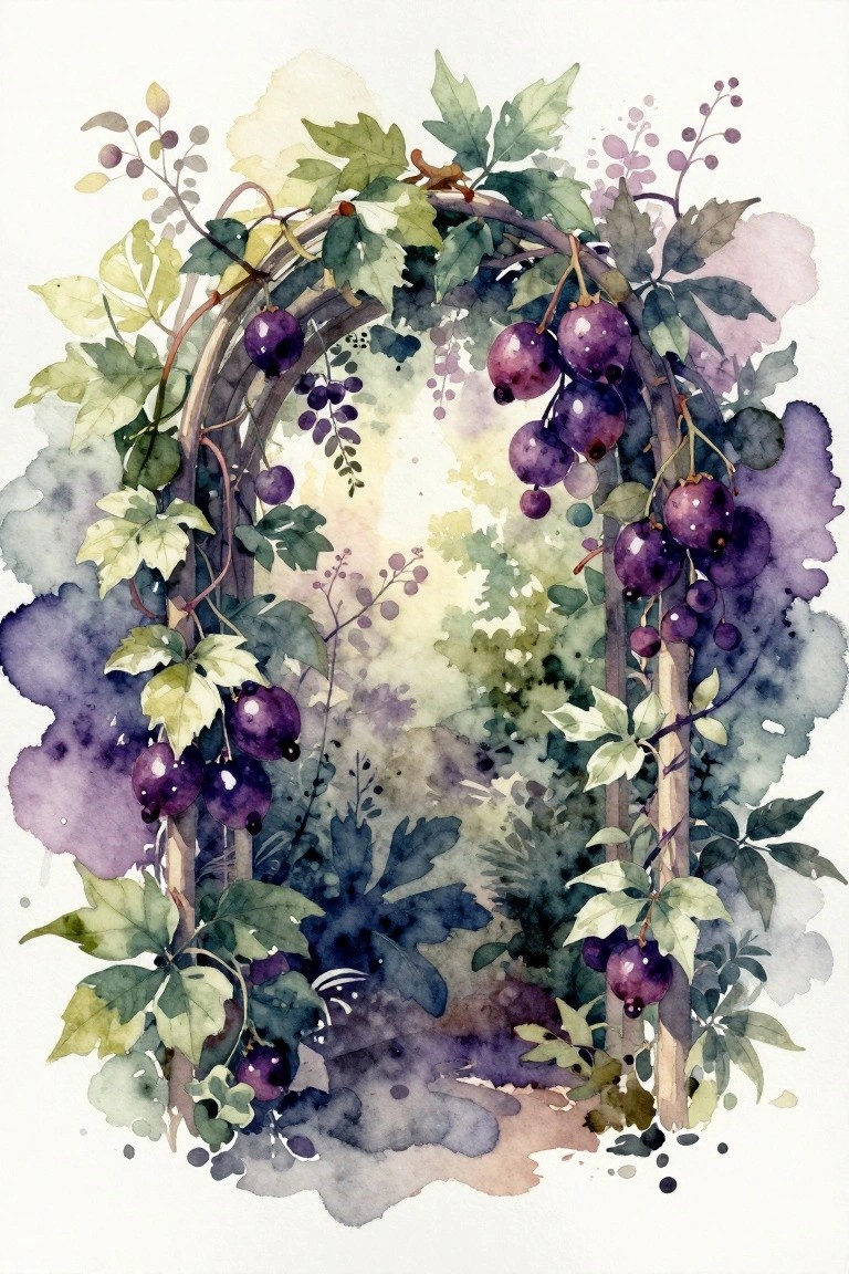 Watercolor painting of wooden arch with hanging purple berries and green leaves.
