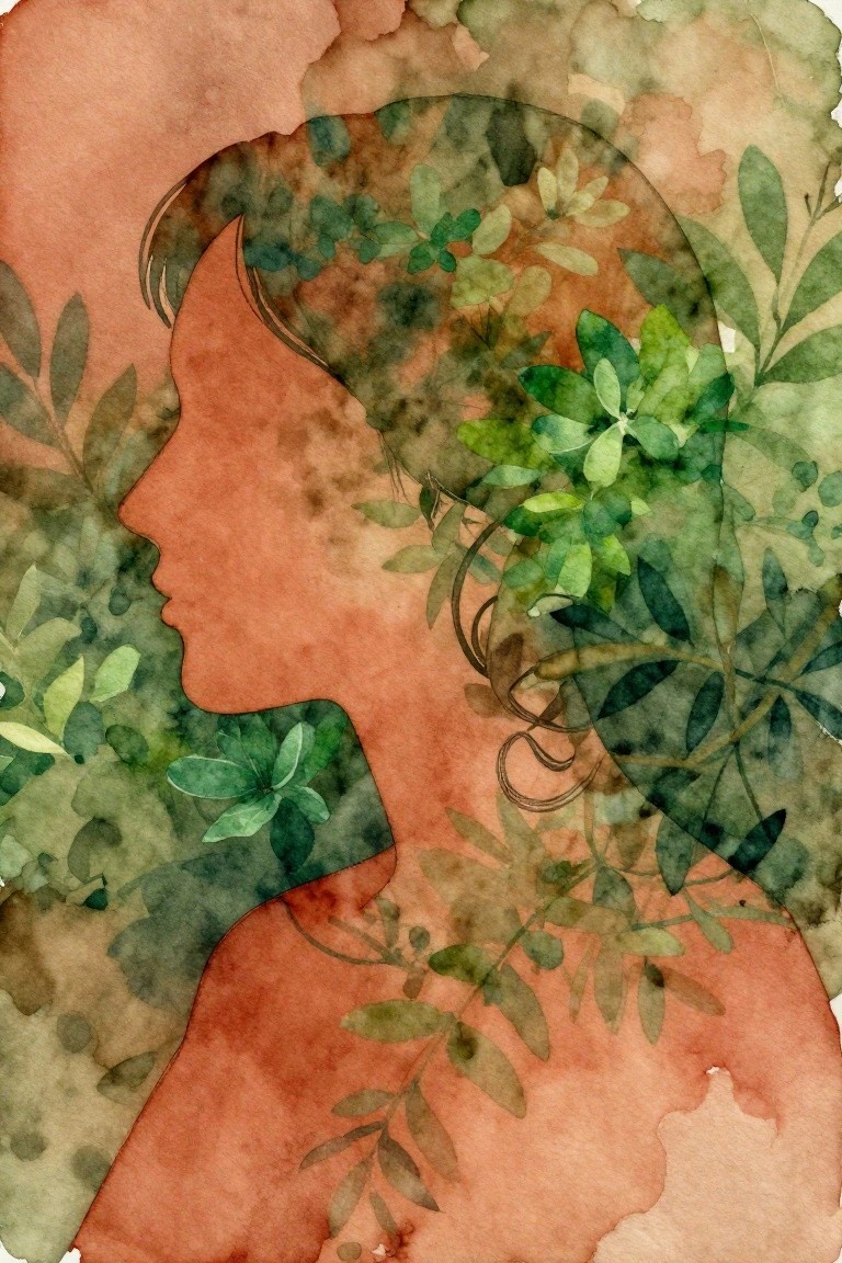 Watercolor silhouette of a woman in profile, orange tones overlaid with green foliage