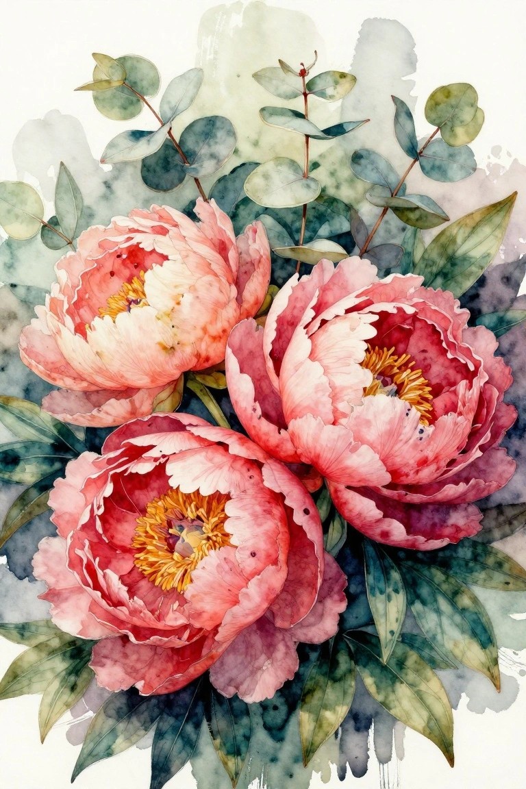 Three pink peony blooms with yellow centers amid green leaves in watercolor