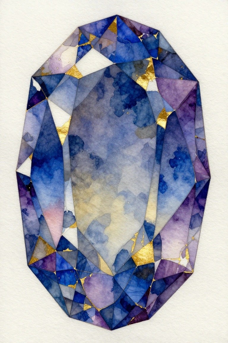 Faceted oval gemstone in watercolor blues, purples, and gold with geometric facets.