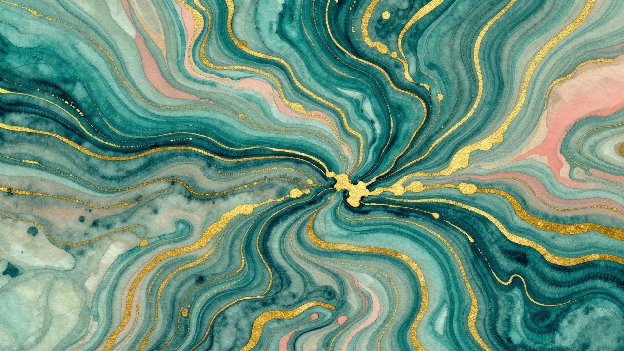 Swirling abstract watercolor in teal, green, pink with gold lines