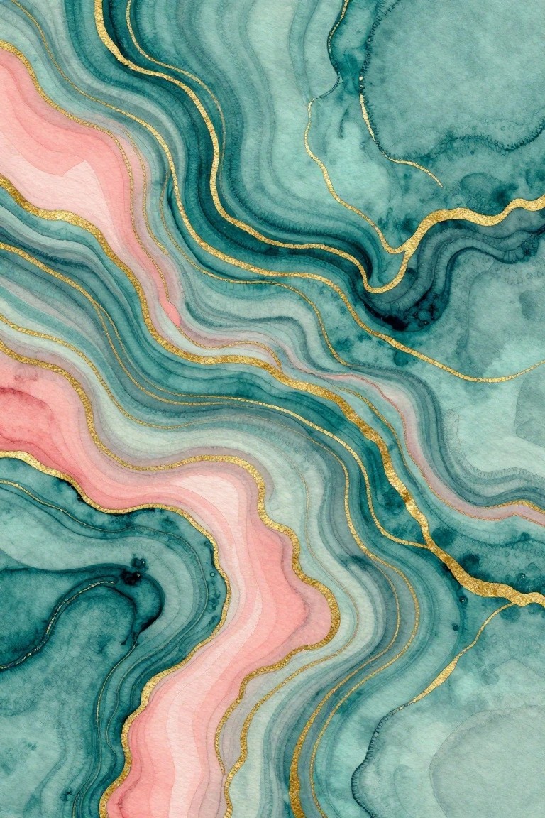Swirling abstract watercolor in teal, green, pink with gold lines