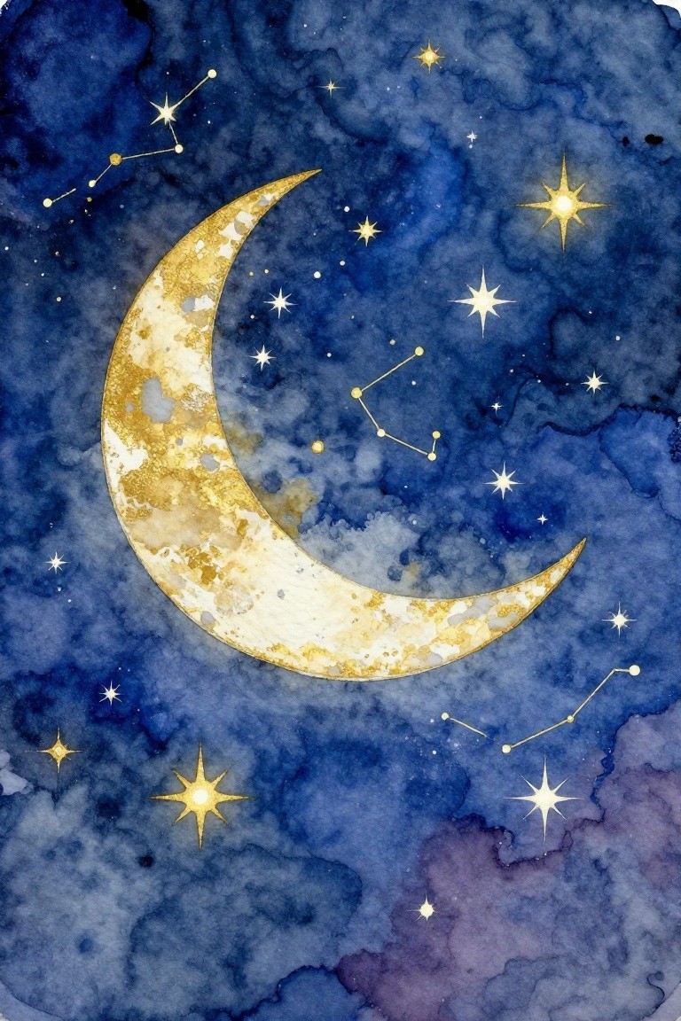 Watercolor crescent moon with golden stars and constellations in a blue night sky