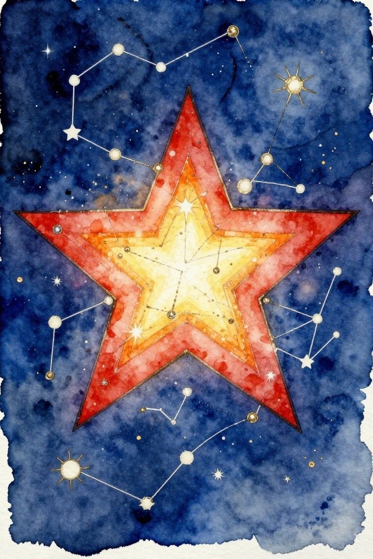 Watercolor painting of large red-yellow star with constellations on deep blue background.