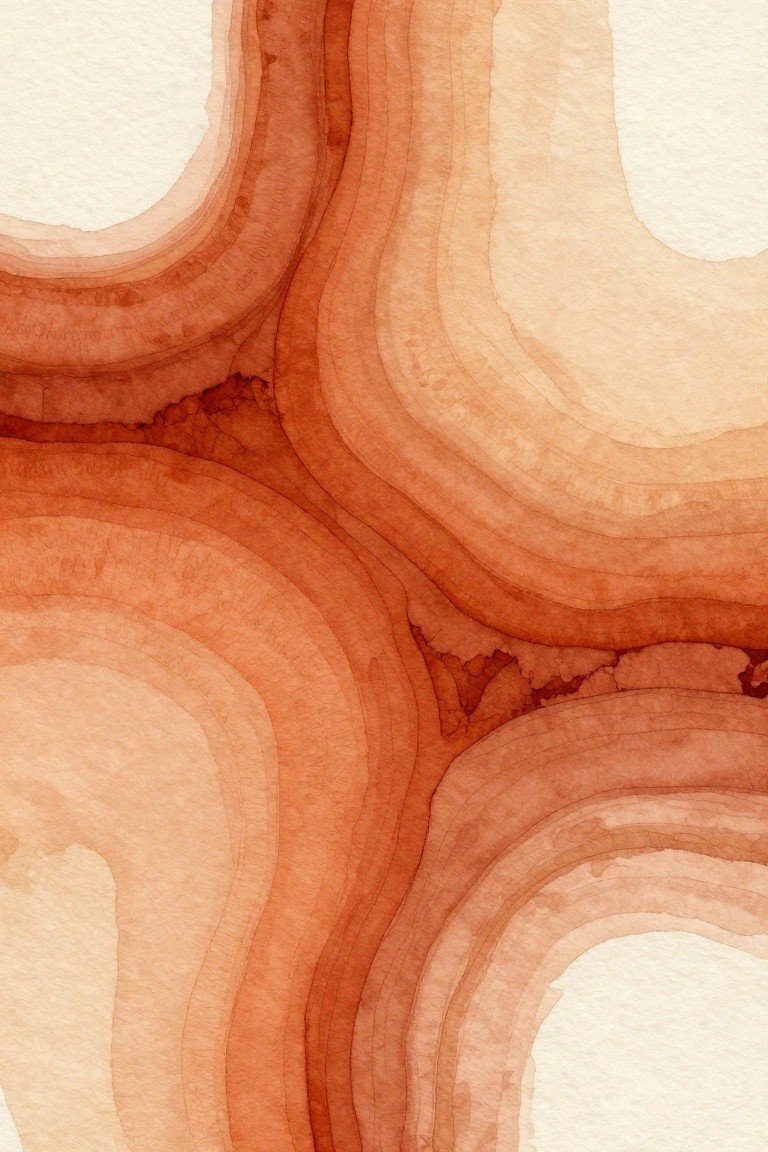 Abstract watercolor with flowing layered contours in warm orange and red tones.
