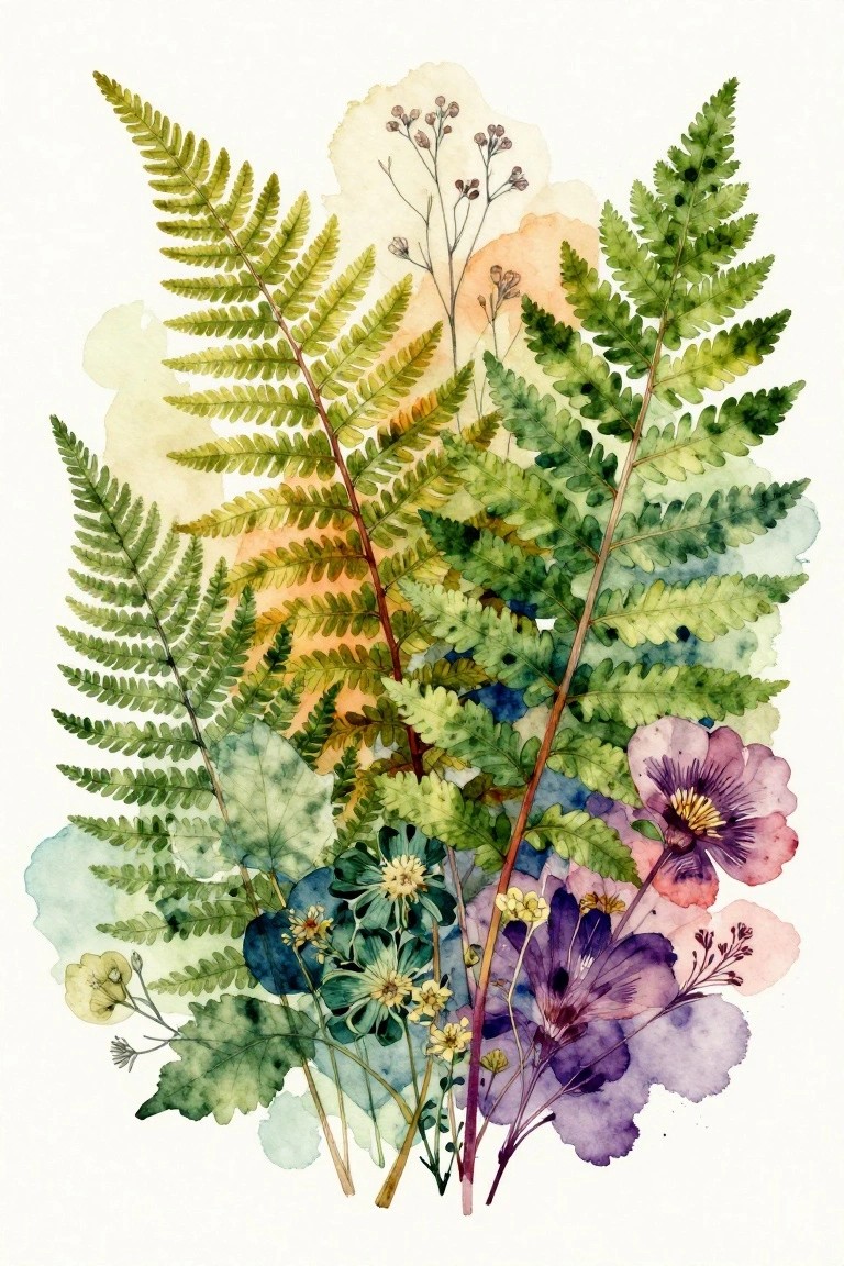 Watercolor painting of green ferns with purple and yellow flowers on white background