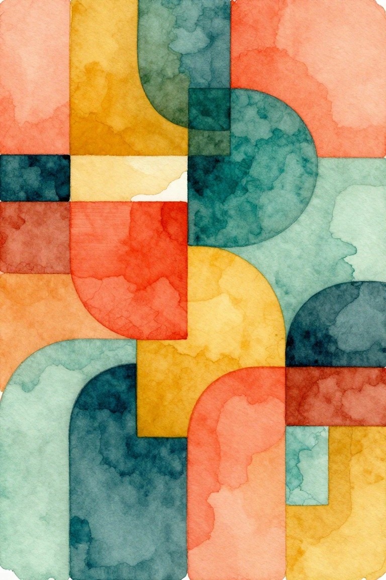 Abstract watercolor art with overlapping colorful geometric shapes, curves, and blocks in soft hues
