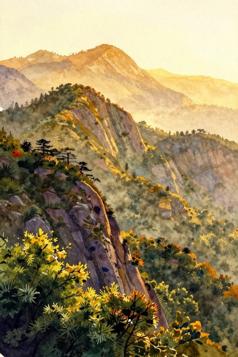 Watercolor landscape of misty mountains with rocky cliffs, pine trees, and yellow wildflowers.