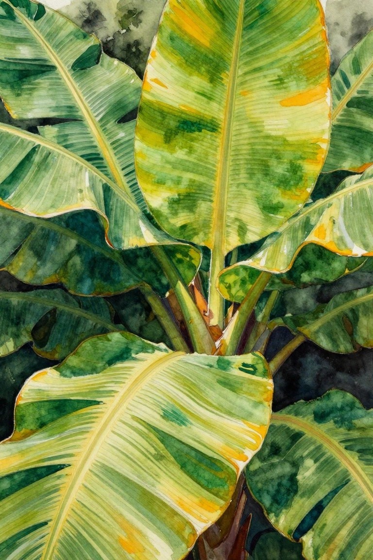 Lush watercolor of large banana leaves in vibrant greens, yellows, and oranges.