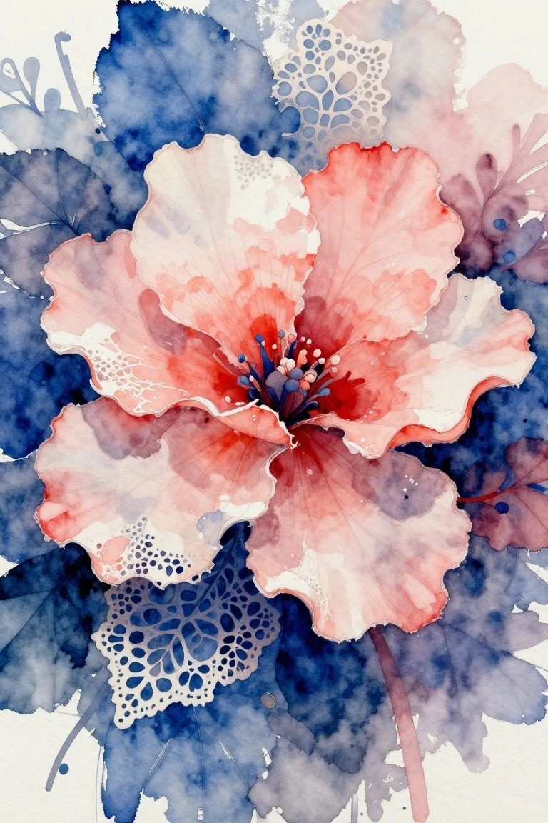 A watercolor painting of a large red and pink flower surrounded by blue and purple leaves with white lace-like details.