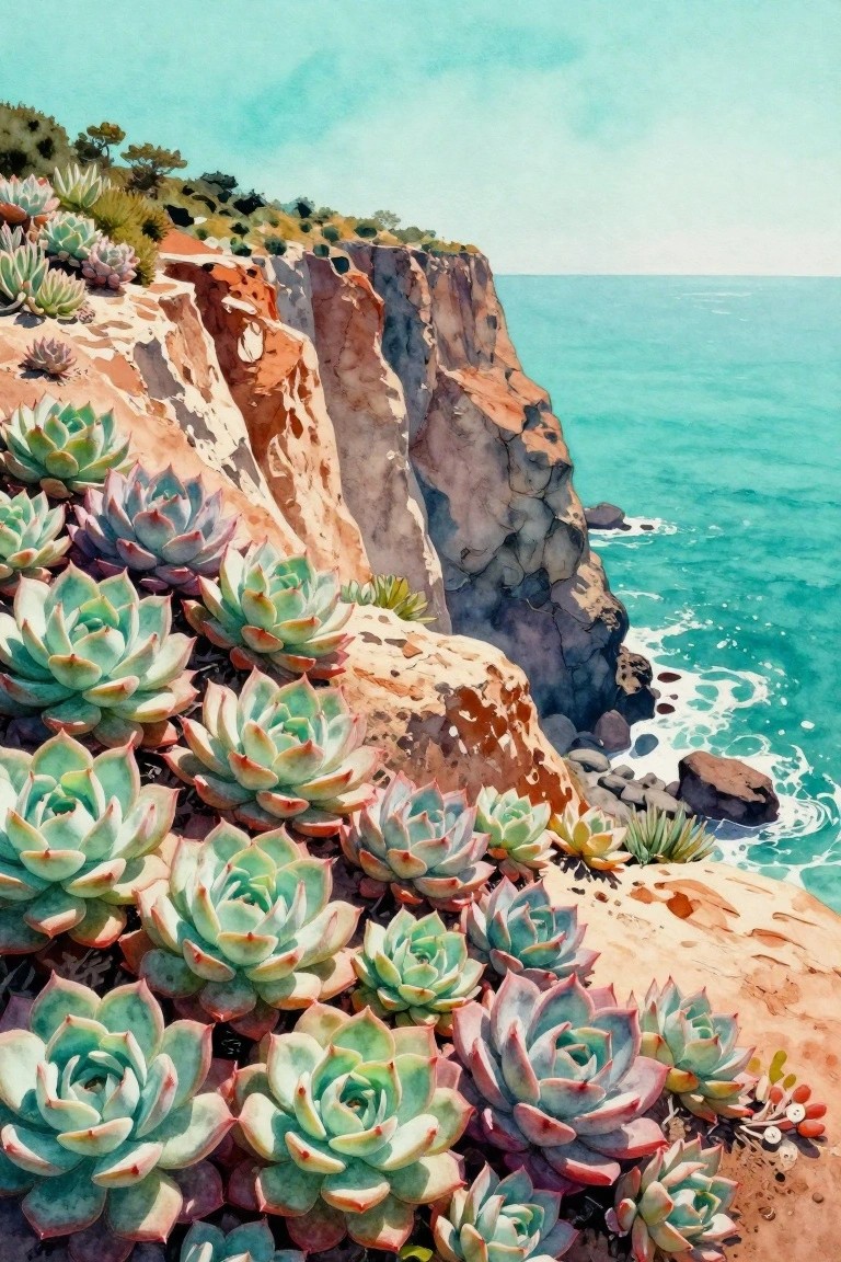 A watercolor painting of succulents growing on a rocky cliff overlooking the ocean.