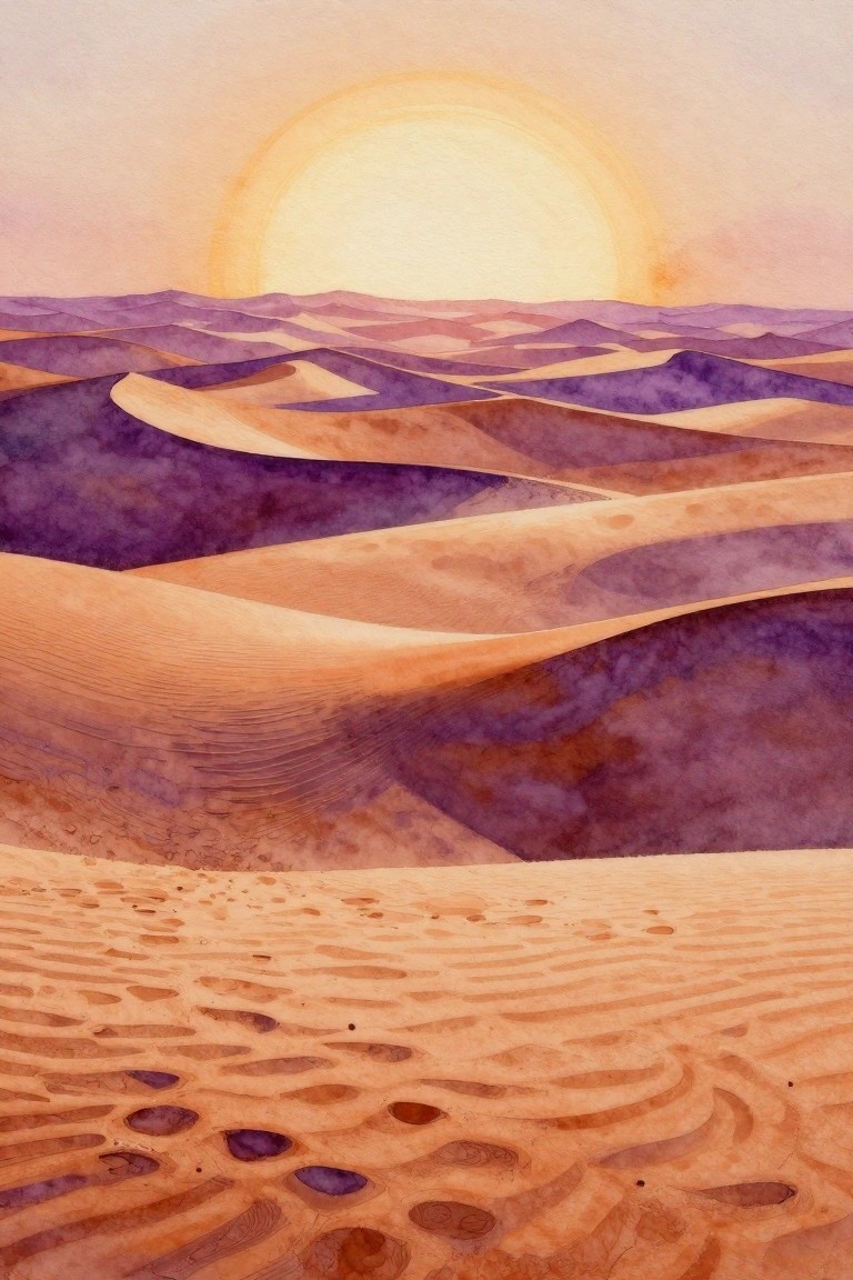 A watercolor-style painting of layered sand dunes in orange and purple tones with a large yellow sun above the horizon.