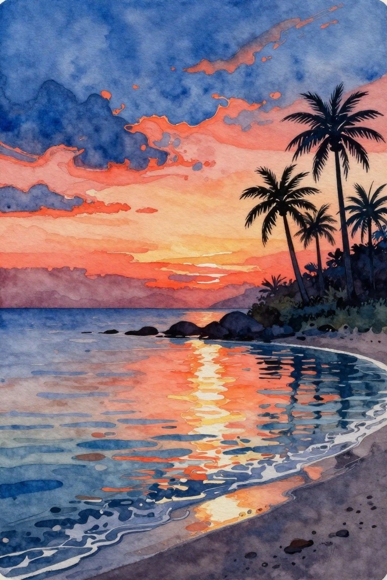 Watercolor sunset over tropical beach with vibrant orange sky and silhouetted palms