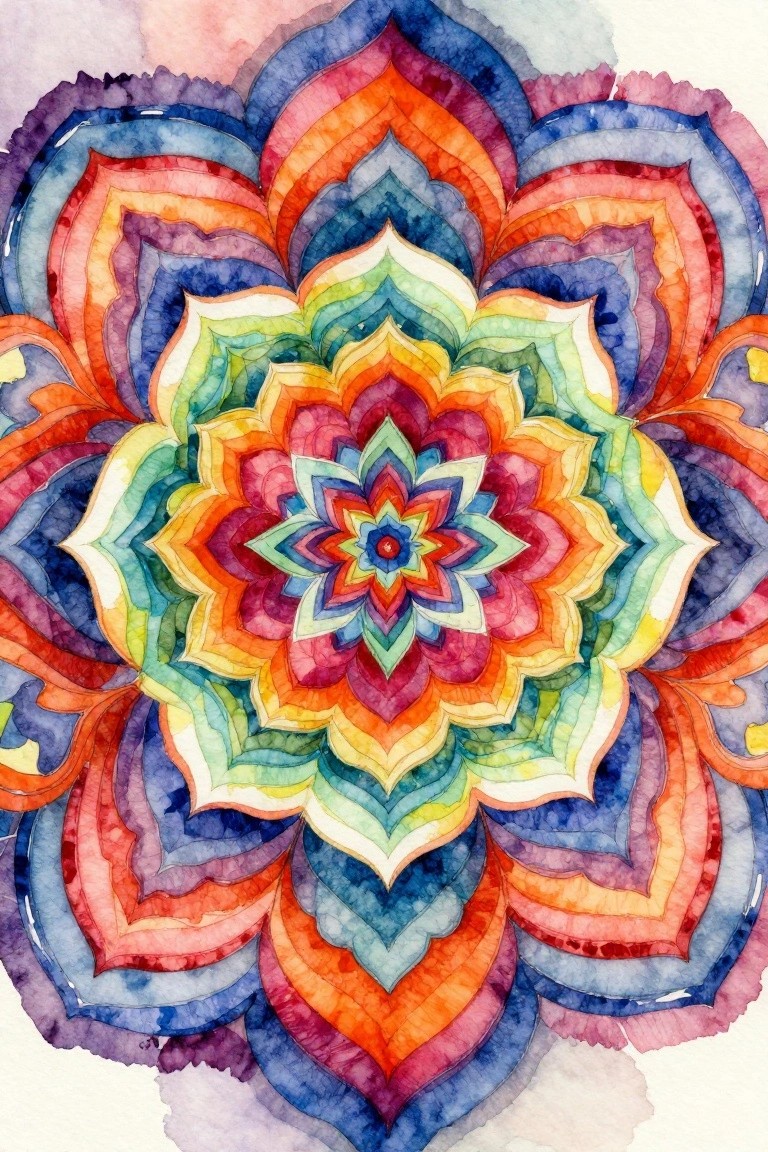 Vibrant watercolor mandala with intricate layered rainbow petals in symmetrical design.
