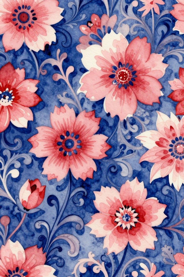 Pink watercolor flowers with blue centers on swirling blue vine background