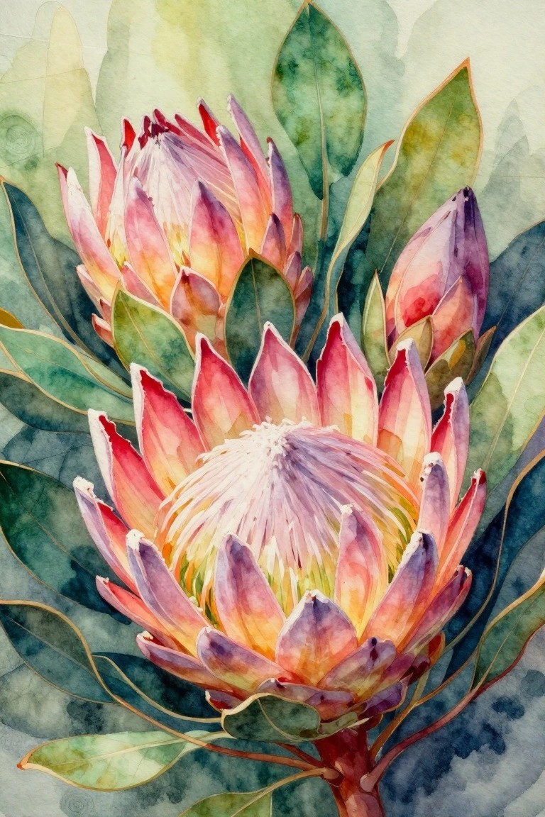 Vibrant watercolor of a blooming protea flower with pink, orange, and green leaves.