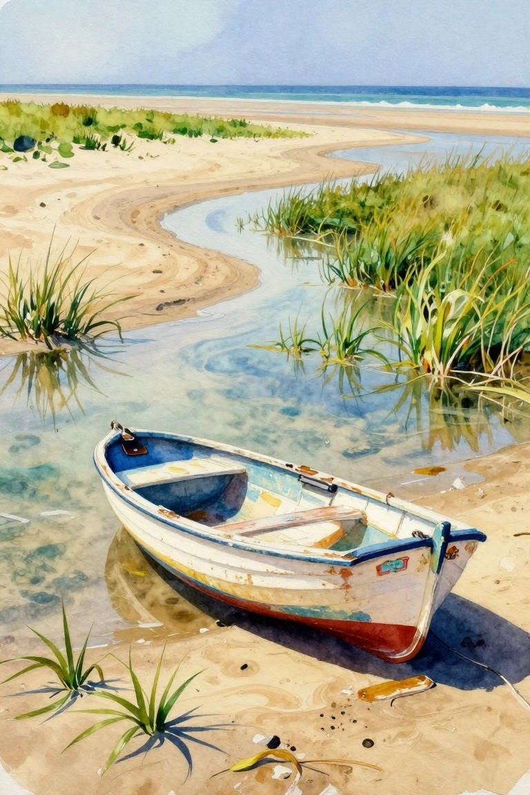 Weathered rowboat on sandy beach beside winding stream and ocean grasses