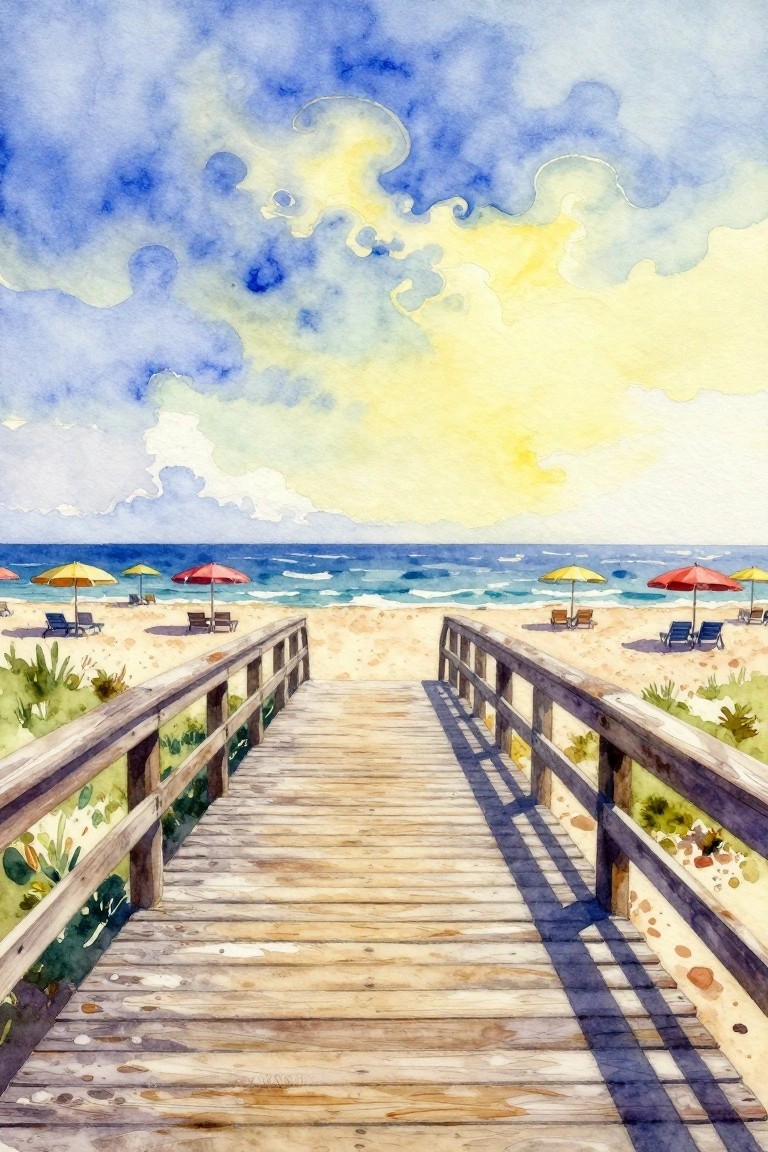 A watercolor painting shows a wooden boardwalk leading to a sandy beach with colorful umbrellas, chairs, and the ocean under a blue and yellow sky.