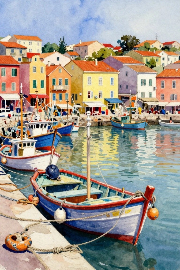 A watercolor painting of colorful boats docked in a harbor with red-roofed buildings on the hillside behind.