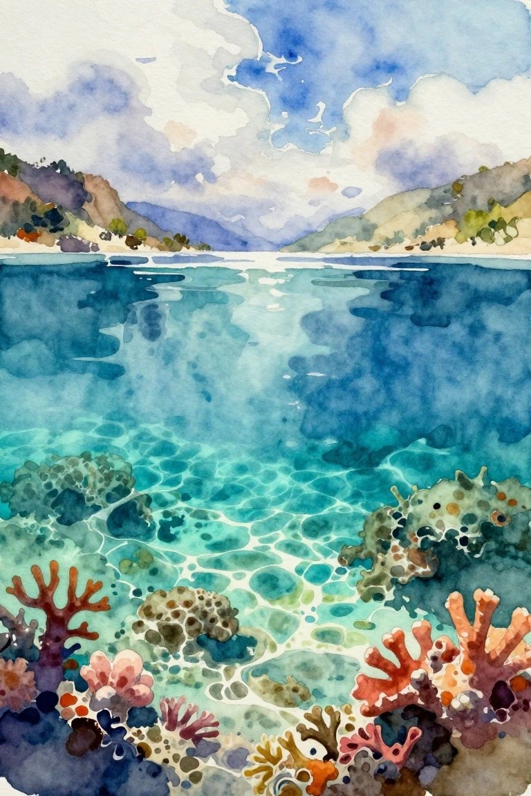 A watercolor painting shows turquoise shallow water with colorful coral formations visible below the surface and hills under a blue sky in the distance.