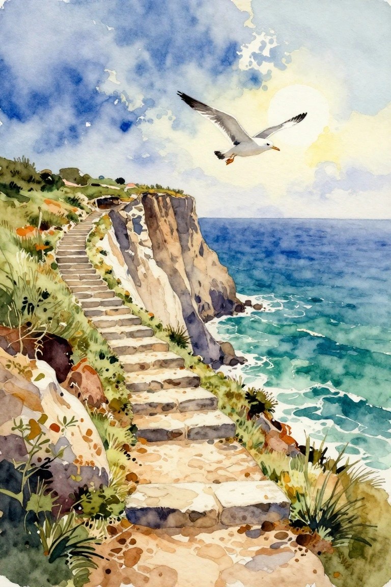 Watercolor of stone steps descending a seaside cliff with flying seagull under sunny sky.
