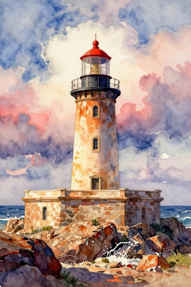 A watercolor painting of a lighthouse with a red top standing on a stone base amid rocks and ocean waves under a colorful sky.