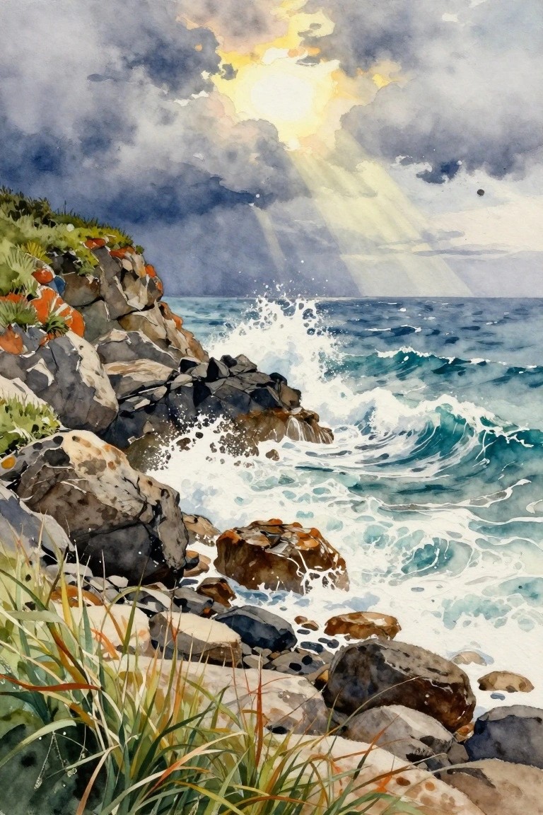 Watercolor seascape of waves crashing on rocks under stormy skies with sunbeams