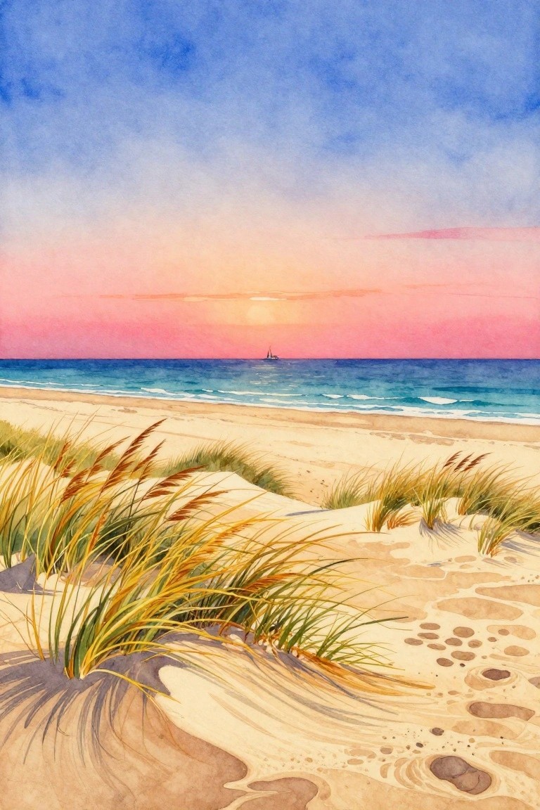 A watercolor beach scene at sunset showing sand dunes with tall grasses, a sandy shore, blue ocean, pink-orange sky, and a small boat on the horizon.