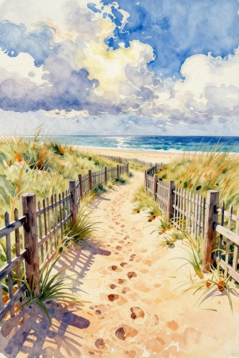 A watercolor painting of a sandy path with footprints leading between wooden fences and dune grass toward a blue ocean under a cloudy sky.
