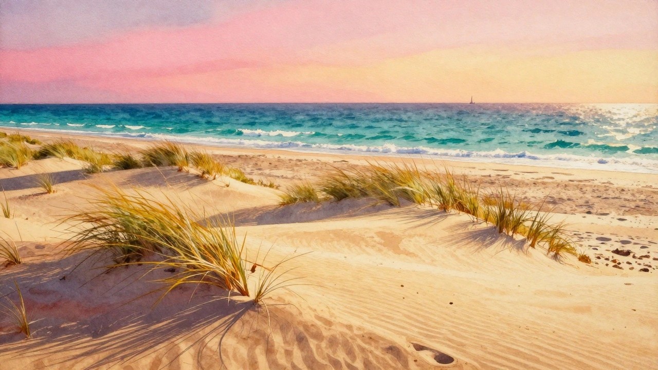 A watercolor beach scene at sunset showing sand dunes with tall grasses, a sandy shore, blue ocean, pink-orange sky, and a small boat on the horizon.