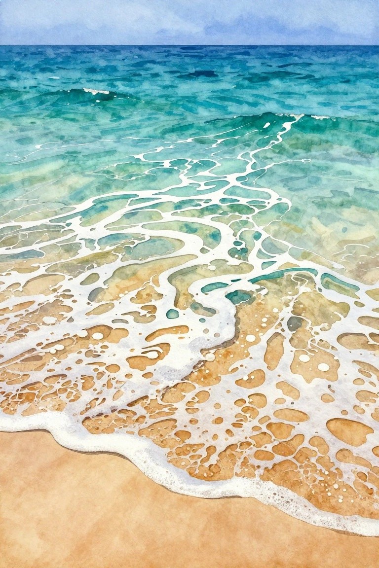 Watercolor seascape of turquoise waves with white foam on golden sandy beach