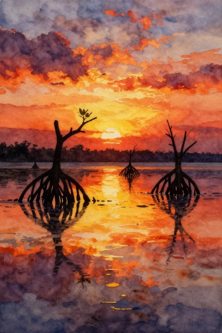 Watercolor sunset with silhouetted mangroves reflected in glowing orange waters under clouds.
