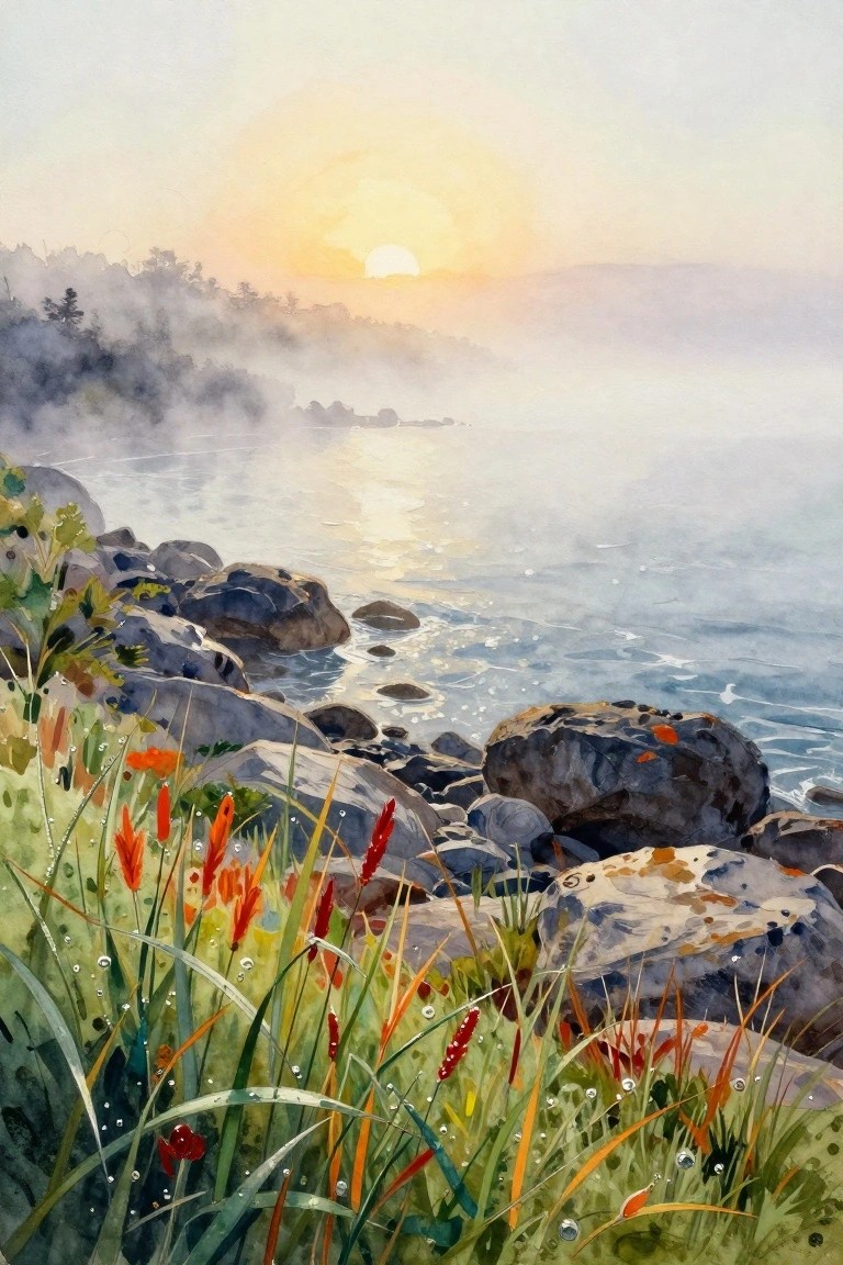A watercolor painting of a misty sunrise over a rocky coastline with red wildflowers and grass in the foreground.