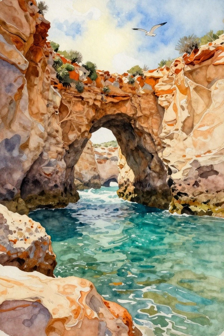 Watercolor of rugged orange cliffs with arch over turquoise sea and flying gull