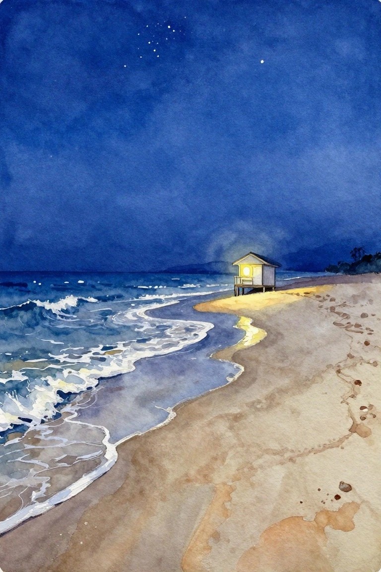 Watercolor of glowing beach hut on stilts with waves under starry night sky