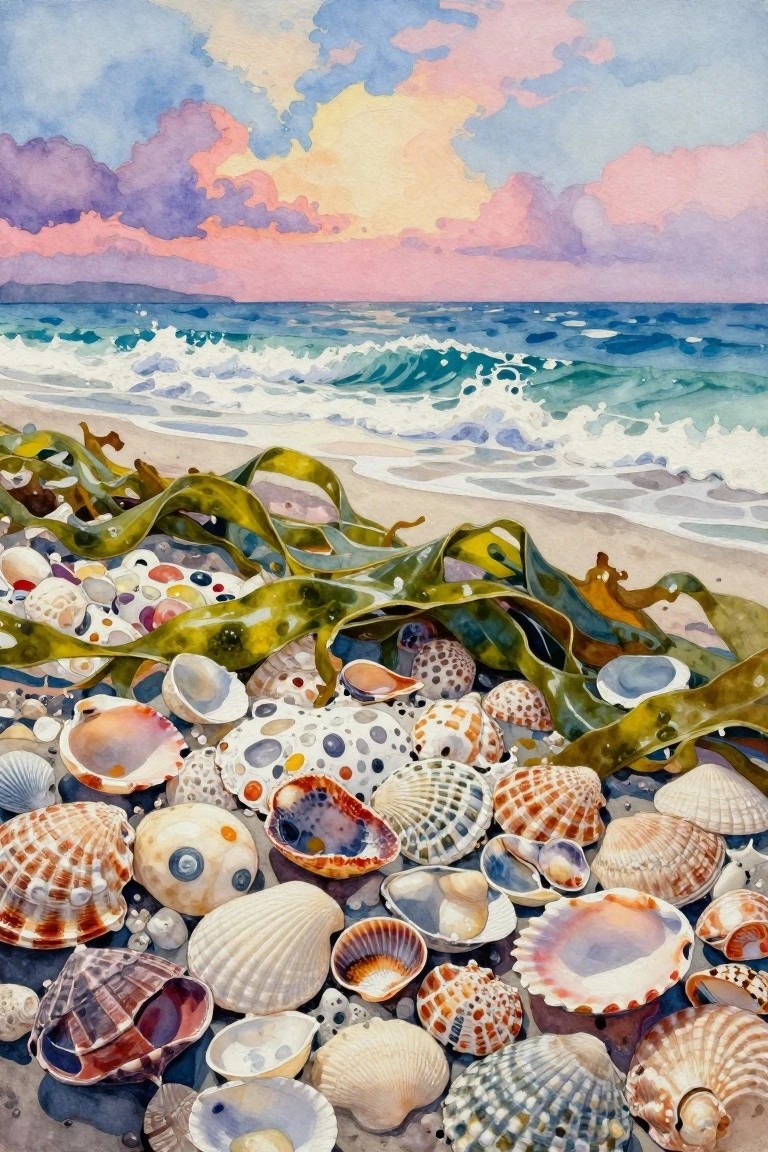 Seashells and seaweed scattered on beach with ocean waves under colorful sunset sky.