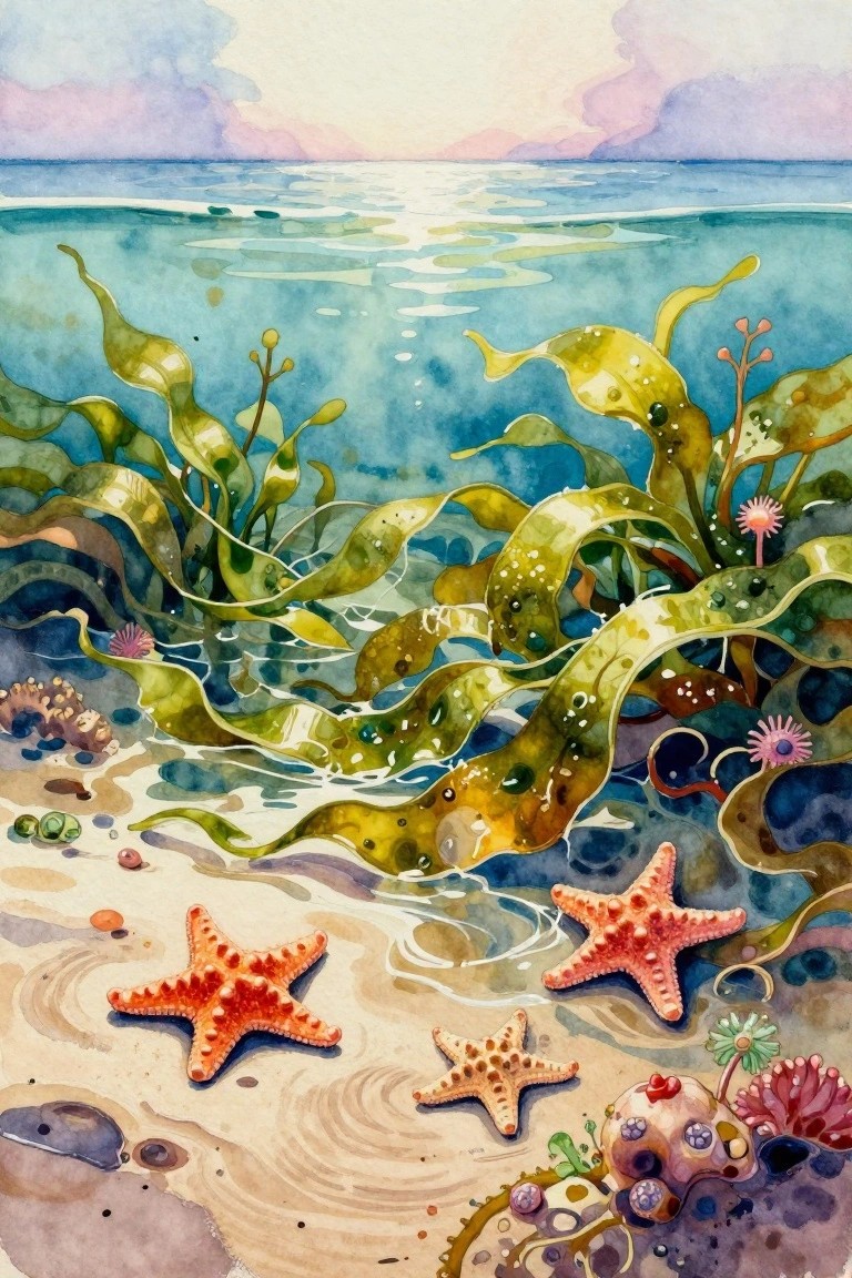 Watercolor of orange starfish amid flowing green seaweed on a sandy ocean floor