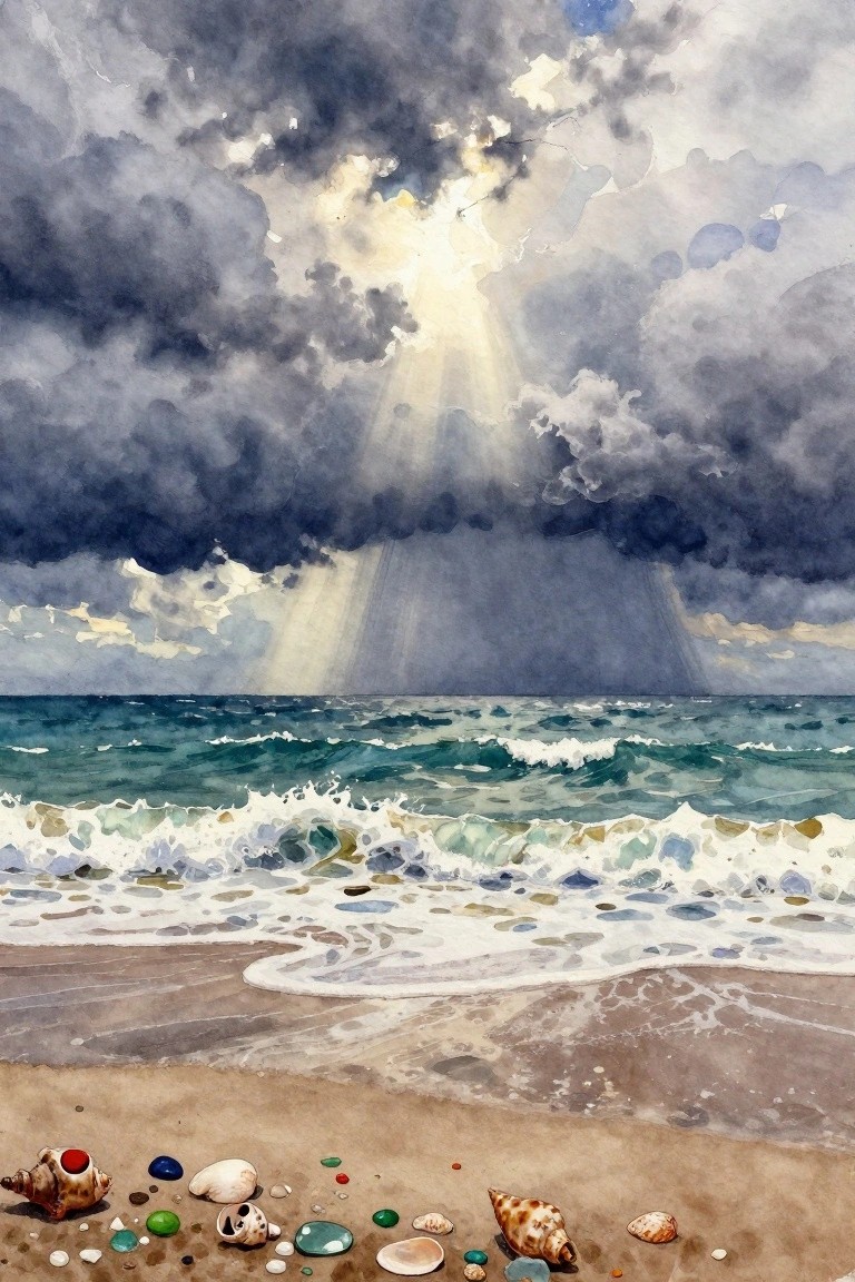 A watercolor painting of a beach with dark storm clouds parting to let sunlight through onto teal ocean waves, with various seashells scattered on the sandy foreground.